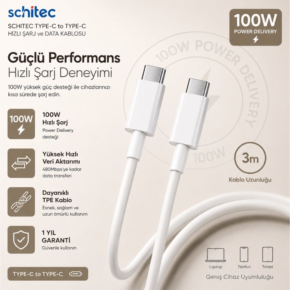 ScHitec 6A 100W Type-C to Type-C Hızlı Data ve Süper Şarj Kablosu 3 Metre Beyaz SX30